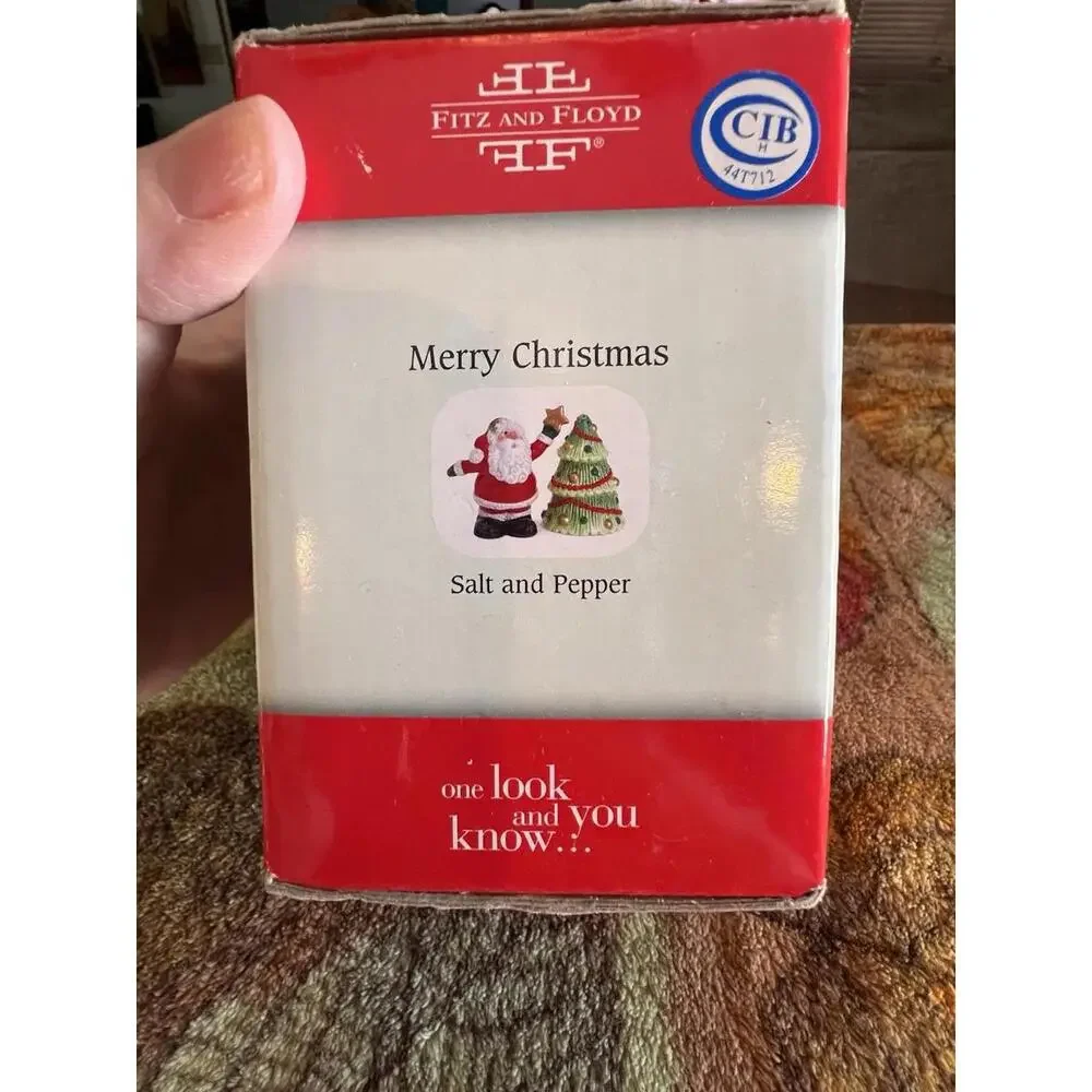Fitz &‎ Floyd Merry Christmas Santa & Tree Ceramic Salt & Pepper Shakers Set